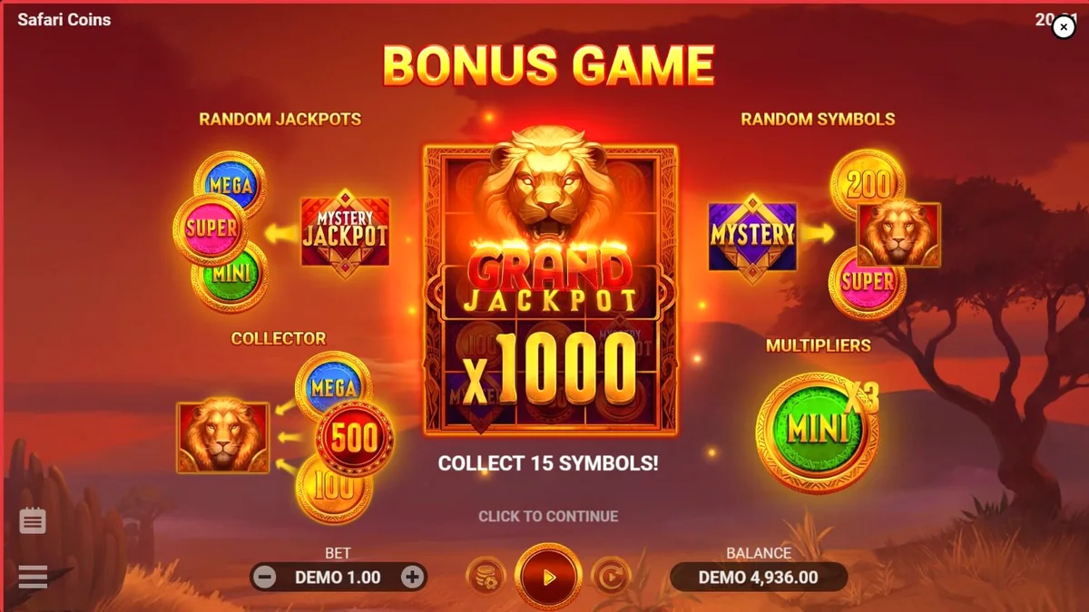 Pemandangan savana Afrika yang indah dalam slot Safari Coins
