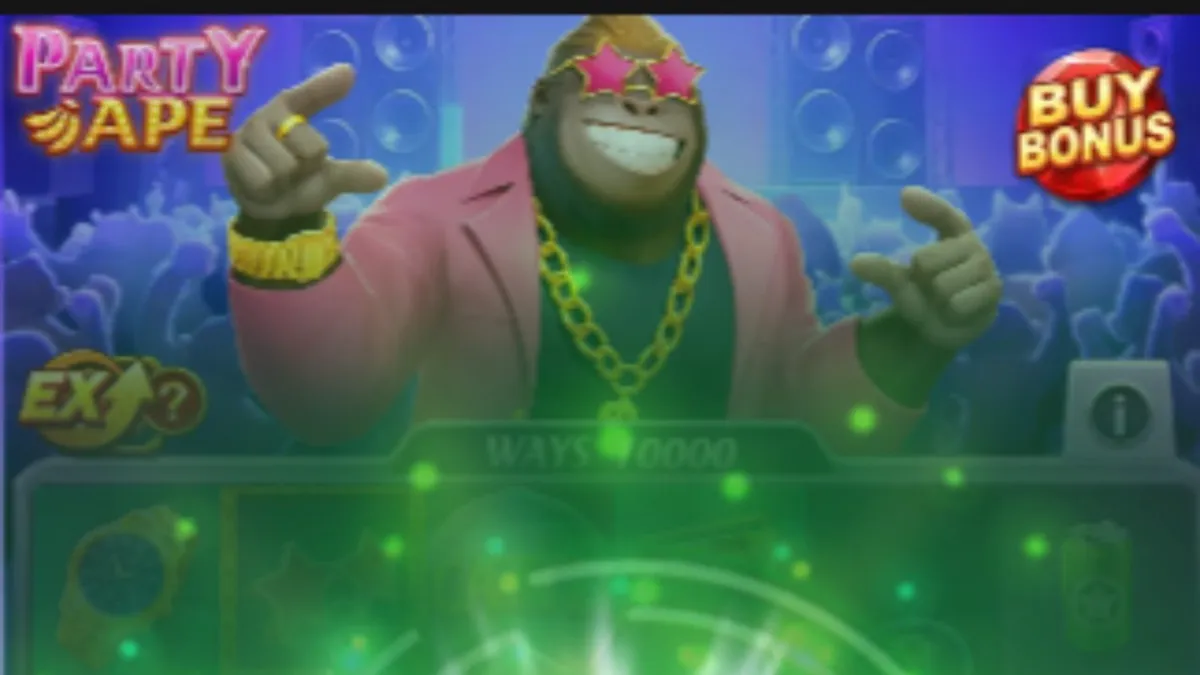 Party Ape slot game screen featuring vibrant neon jungle party theme